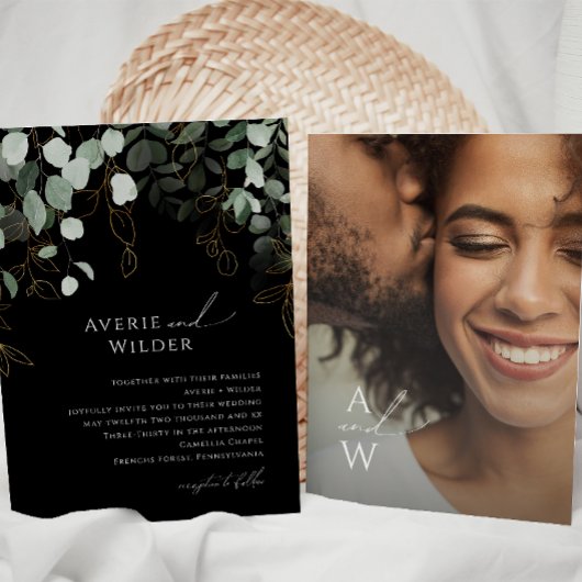 GreenerBlack and Gold Monogram Foto Wedding Einladung