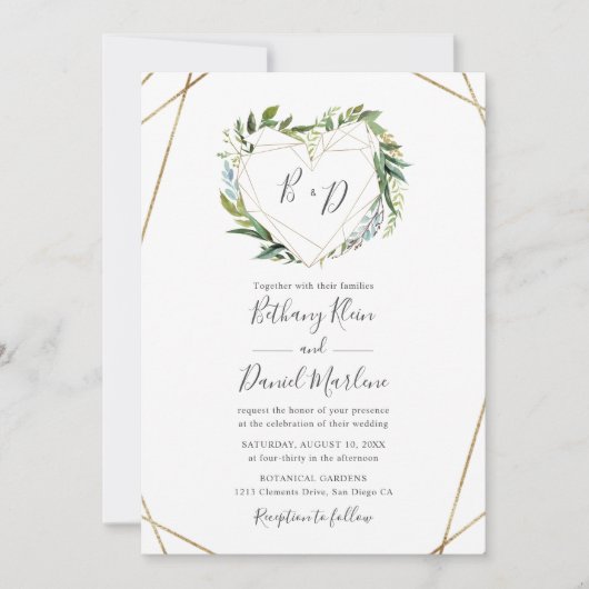 Greenerie mit geometrischen Rahmen für das Herz in Einladung (Vorderseite)