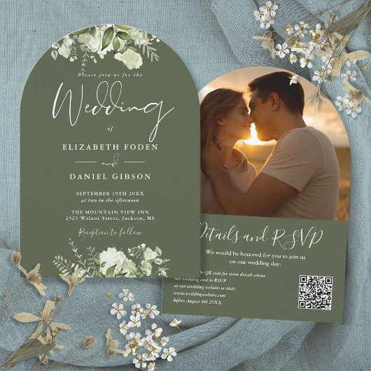Greenerolive Olive Green QR Foto Arch Wedding Einladung