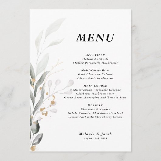 Greenery 12x18 Editable Wedding Flat Menu Menükarte (Vorderseite)