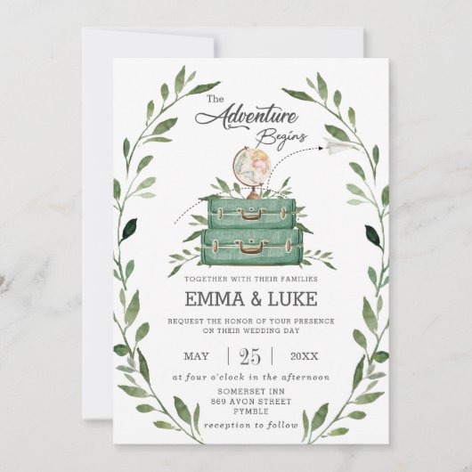 Greenery Adventure Wedding Suitcase Reise Einladung (Vorderseite)