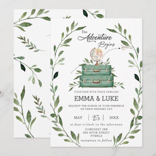 Greenery Adventure Wedding Suitcase Reise Einladung (Vorne/Hinten)
