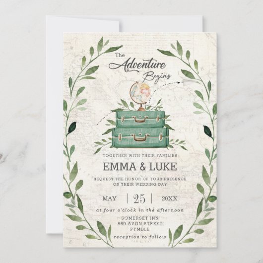 Greenery Adventure Wedding Suitcase Reise Einladung (Vorderseite)