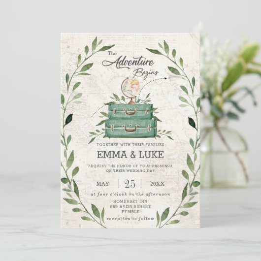 Greenery Adventure Wedding Suitcase Reise Einladung (Stehend Vorderseite)