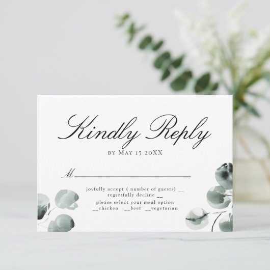 Greenery and Eucalyptus Scripted RSVP (Stehend Vorderseite)