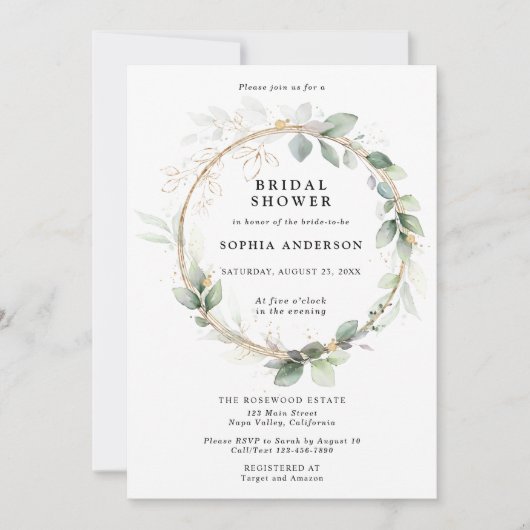 Greenery and Gold Bridal Shower Invitation Einladung (Vorderseite)