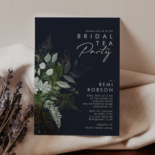 Greenery and Gold Leaf Dark Navy Bridal Tea Party Einladung