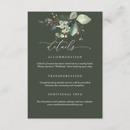 Greenery and Gold Wedding Details Card Begleitkarte (Vorderseite)