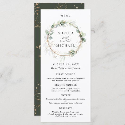 Greenery and Gold Wedding Flat Menu Menükarte (Vorne/Hinten)