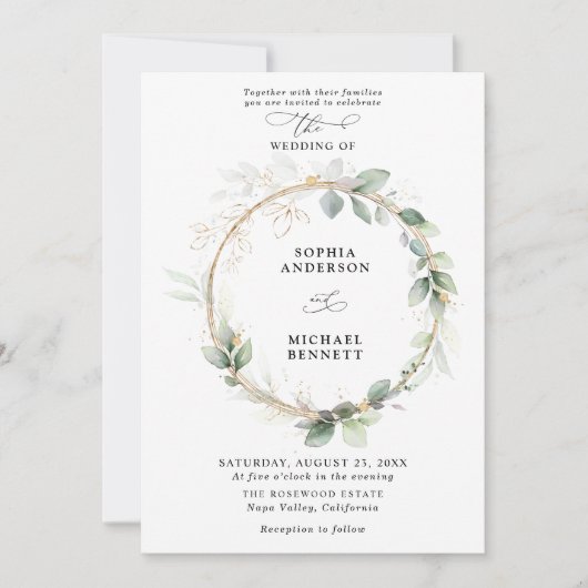 Greenery and Gold Wedding Invitation Einladung (Vorderseite)