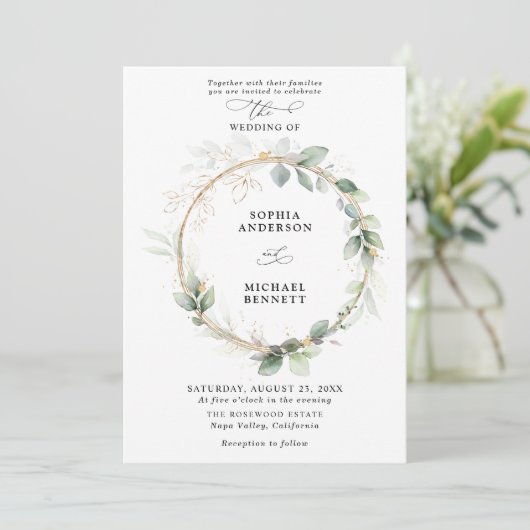 Greenery and Gold Wedding Invitation Einladung (Stehend Vorderseite)