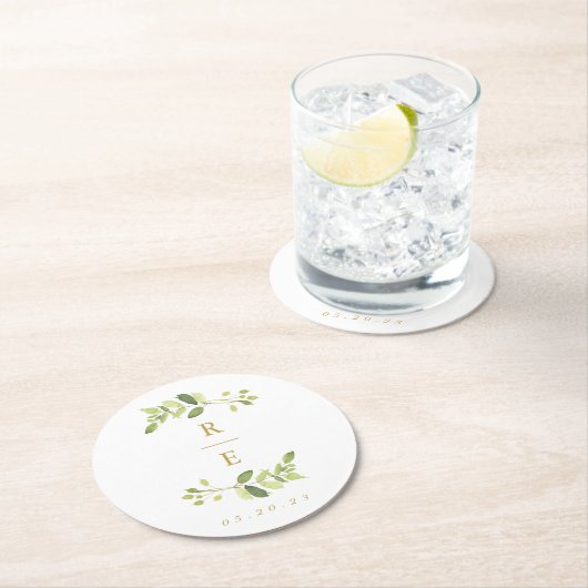 Greenery and Gold Wedding Monogram Runder Pappuntersetzer (Vor Ort)