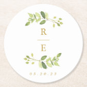 Greenery and Gold Wedding Monogram Runder Pappuntersetzer (Vorderseite)