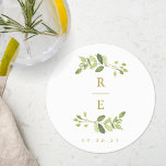 Greenery and Gold Wedding Monogram Runder Pappuntersetzer<br><div class="desc">Maßgeschneiderter Hochzeitsstift mit Aquarell-Hochzeitsmonogramm-Design.</div>