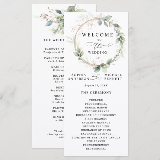 Greenery and Gold Wedding Program Programm (Vorne/Hinten)