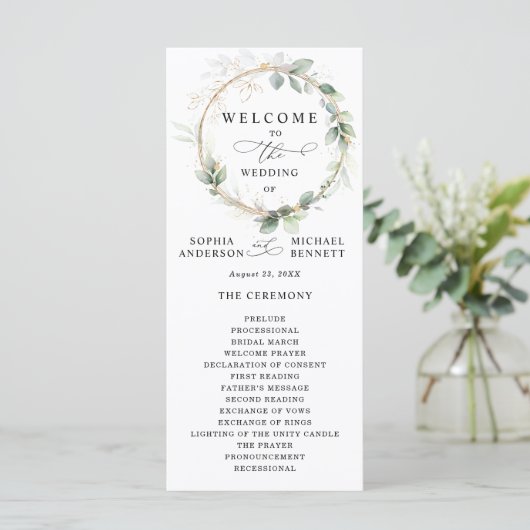 Greenery and Gold Wedding Program Programm (Stehend Vorderseite)