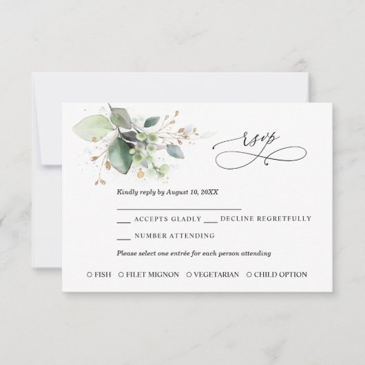 Greenery and Gold Wedding RSVP Card (Vorderseite)