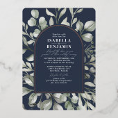 Greenery Arch Eukalyptus Navy Hochzeitssemble Rose Folieneinladung (Vorderseite)