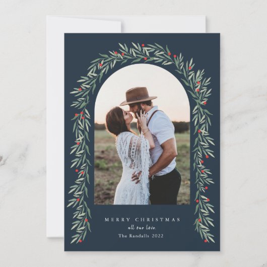 Greenery Arch Modernes Script Foto Weihnachten (Vorderseite)