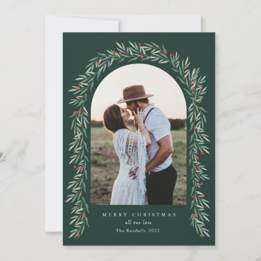Greenery Arch Modernes Script Foto Weihnachten (Vorderseite)
