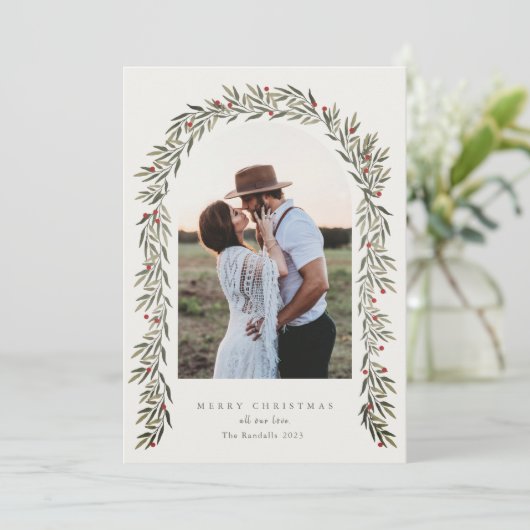 Greenery Arch Modernes Script Foto Weihnachten (Stehend Vorderseite)