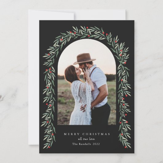 Greenery Arch Modernes Script Foto Weihnachten (Vorderseite)