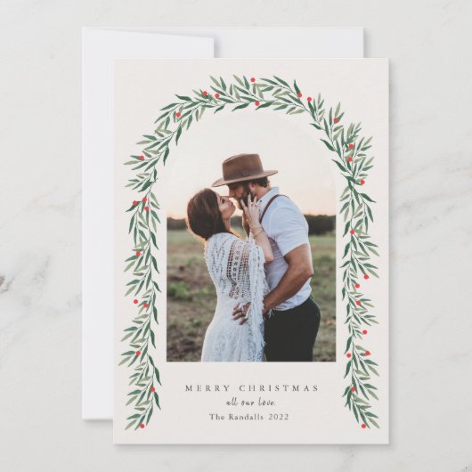 Greenery Arch Modernes Script Foto Weihnachten (Vorderseite)