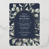 Greenery Arch Navy UAWG QR Code Wedding Rose Gold Folieneinladung (Vorderseite)