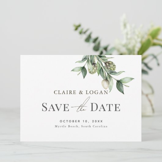 Greenery Artichoke Wasserfarbe Grün Save the Date Einladung (Stehend Vorderseite)