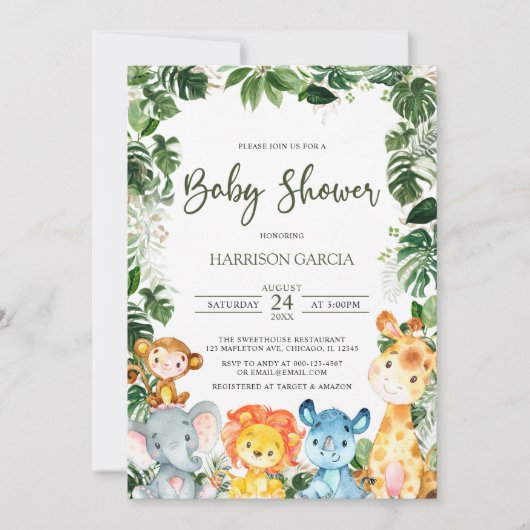 Greenery Baby Boy Safari Animals Baby Shower Einladung (Vorderseite)