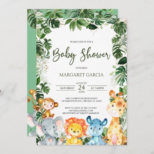 Greenery Baby Boy Safari Animals Baby Shower Einladung (Vorne/Hinten)