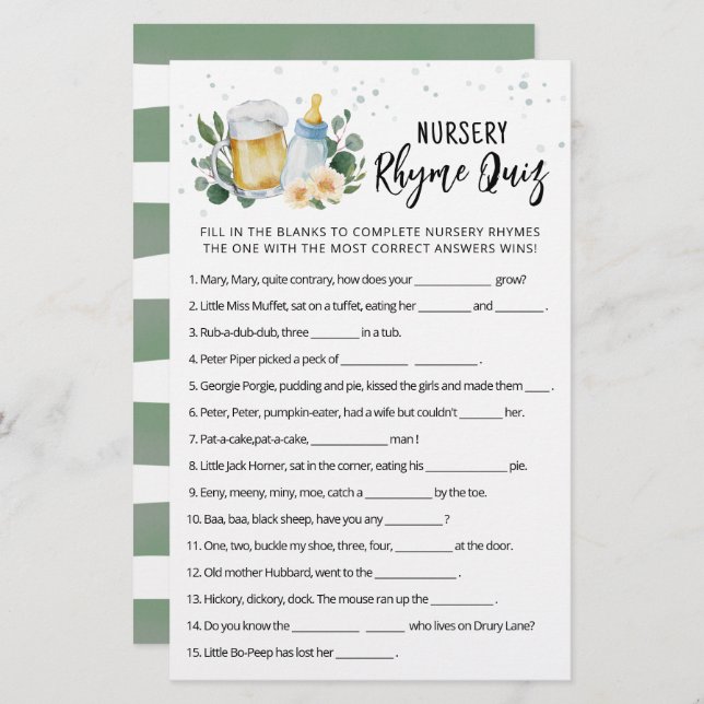 Greenery Baby Brewing Game Kinderzimmer Rhyme Quiz (Vorne/Hinten)