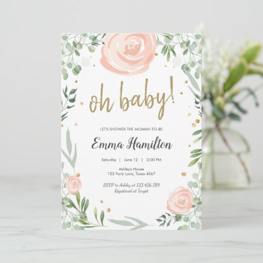 Greenery Baby Duwer Rose Blätter Wedding Pink Einladung (Stehend Vorderseite)