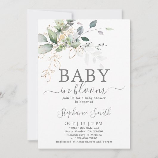 Greenery Baby in Bloom Baby Dusche Einladung (Vorderseite)