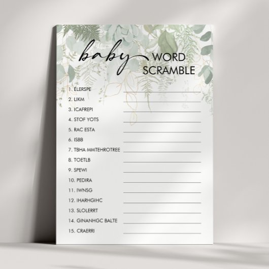 Greenery Baby Shower Baby Word Scramble Game Card Einladung