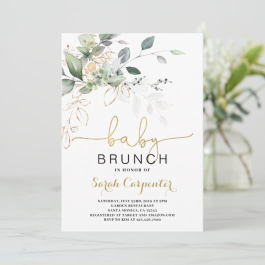 Greenery Baby Shower Brunch-Einladung Einladung (Stehend Vorderseite)