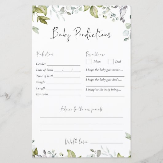 Greenery Baby Shower Game - Baby Predictions (Vorderseite)