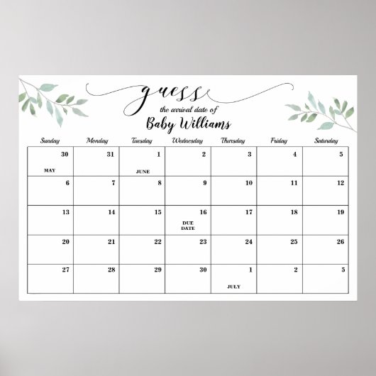 Greenery Baby Shower Guess Due Date Calendar Poste Poster (Vorne)