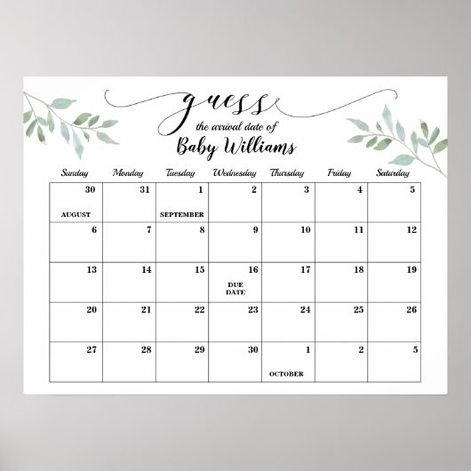 Greenery Baby Shower Guess Due Date Calendar Poster (Vorne)