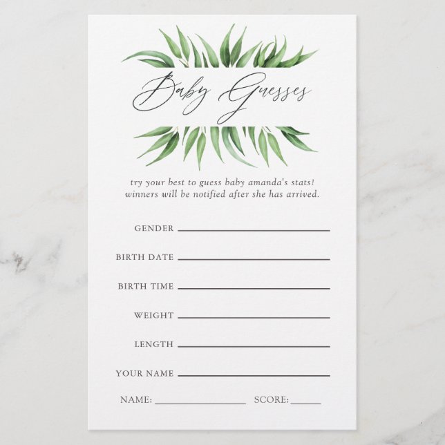 Greenery Baby Shower Guessing Game (Vorderseite)
