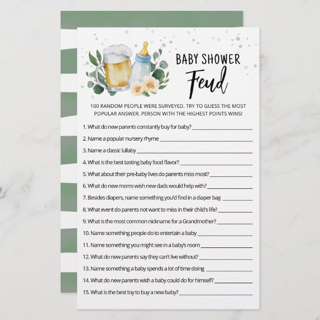 Greenery Baby wird Baby Shower Feud Game (Vorne/Hinten)
