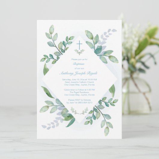 Greenery Baptism Invitations Boy Einladung (Stehend Vorderseite)