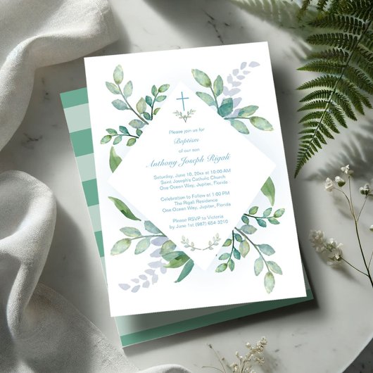 Greenery Baptism Invitations Boy Einladung