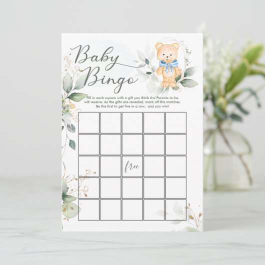 Greenery Bear Baby Shower Bingo/Traits Games Einladung (Stehend Vorderseite)