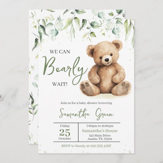 Greenery Bear Baby Shower Einladung (Vorne/Hinten)