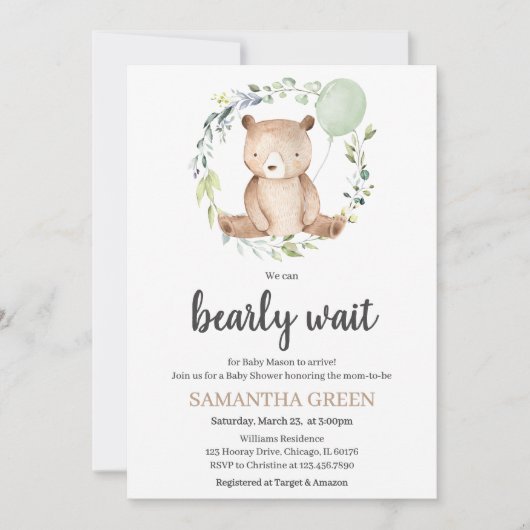 Greenery Bear Baby Shower Einladung (Vorderseite)