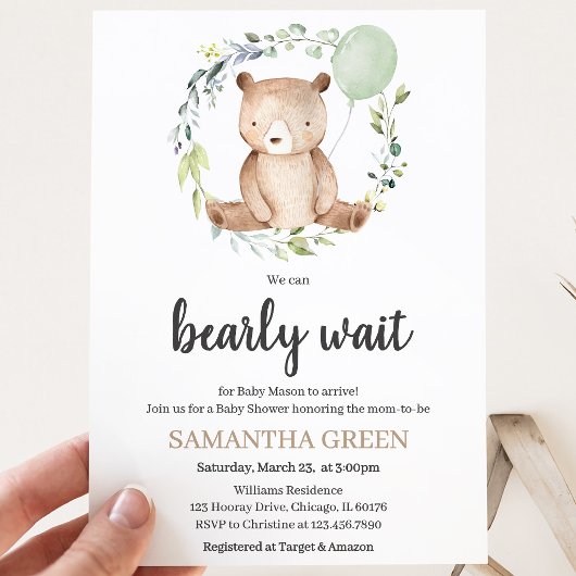 Greenery Bear Baby Shower Einladung