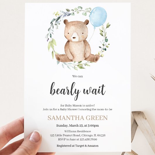 Greenery Bear Baby Shower Einladung