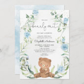 Greenery Bear Blue Flowers Boy Baby Shower Einladung (Vorne/Hinten)