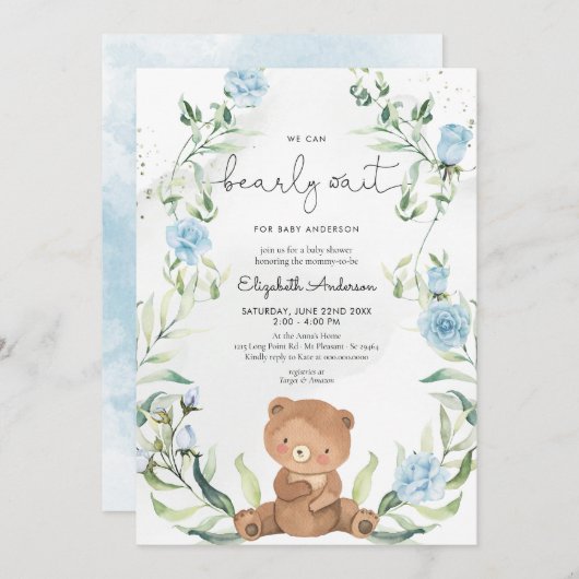 Greenery Bear Blue Flowers Boy Baby Shower Einladung (Vorne/Hinten)
